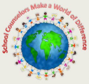Image of globe with the words "School Counselors Make a World of Difference" around it
