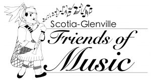 Friends of Music logo with marching Tartan playing an instrument
