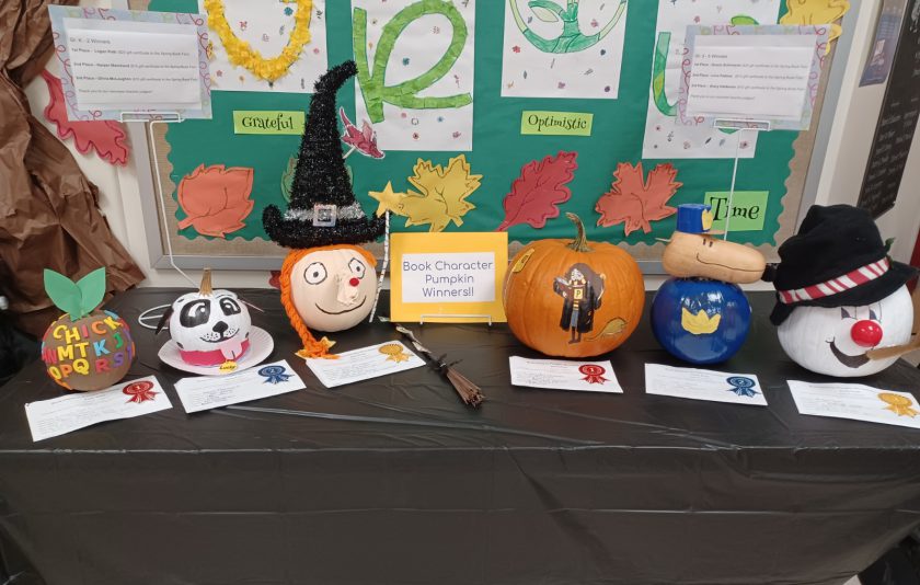 six pumpkins decorated like book characters