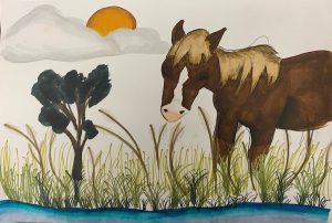 painting of a horse standing in tall grass with a partial sun peeking out of fluffy clouds in the sky