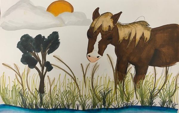 painting of a horse standing in tall grass with a partial sun peeking out of fluffy clouds in the sky