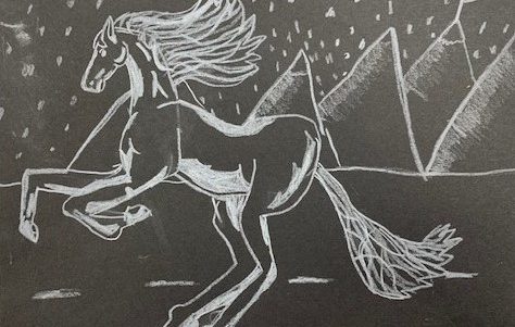 A horse prancing with its front legs up and hair blowing in the wind sketched with a white pencil on black paper. Snow is falling and there are pointy mountains in the shape of a triangle