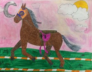 A brown horse with gray hair running in grass wearing an orange mask and purple saddle. The sky is made of pinks and yellows and clouds and has both a moon and a sun