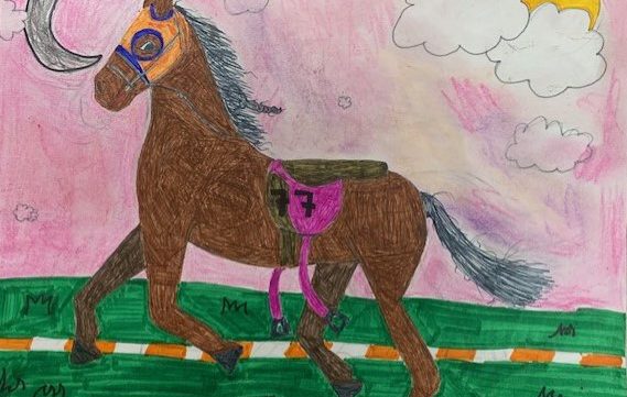 A brown horse with gray hair running in grass wearing an orange mask and purple saddle. The sky is made of pinks and yellows and clouds and has both a moon and a sun