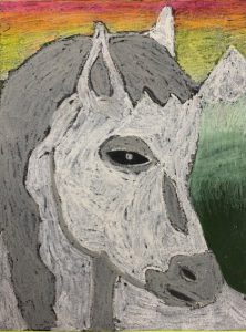 a closeup of a horses face in white and grays and behind it are colors that start with red on top that blends to orange and then yellow and fades from light green to dark green