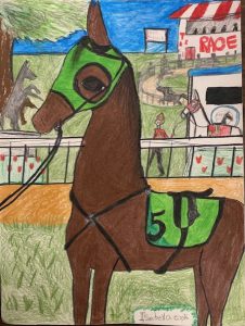 racehorse wearing green and the number 5 standing on a track with a field in the background with grass, flowers, other horses and a trainer