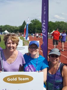 three women at a track for the Relay for Life 