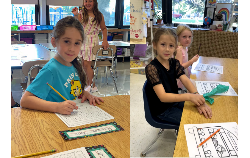 on the left side student looks up from her math problem on the right side students shows off her bracelet