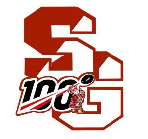 The letters SG the number 100 with a football and the tartan logo