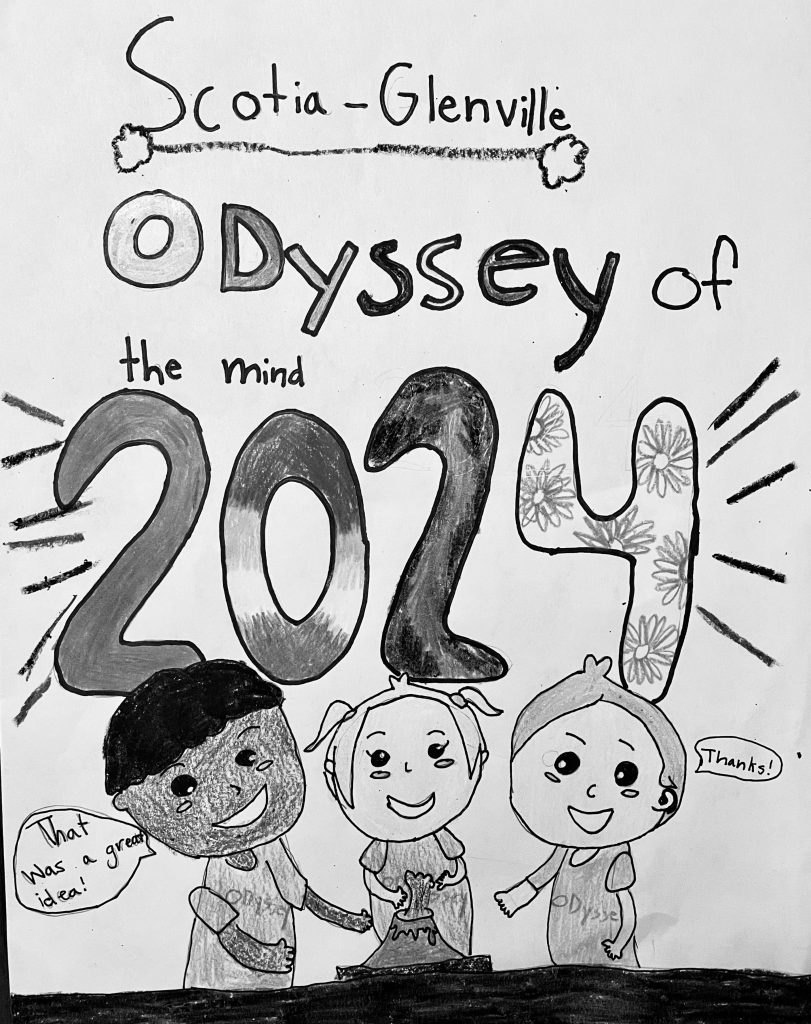 drawing for 2024 Odyssey of the Mind with three students cheering each other on