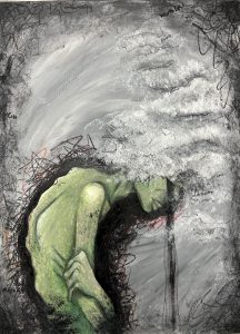 painting of a person with long black hair hunched over with white cloud-like form over her head
